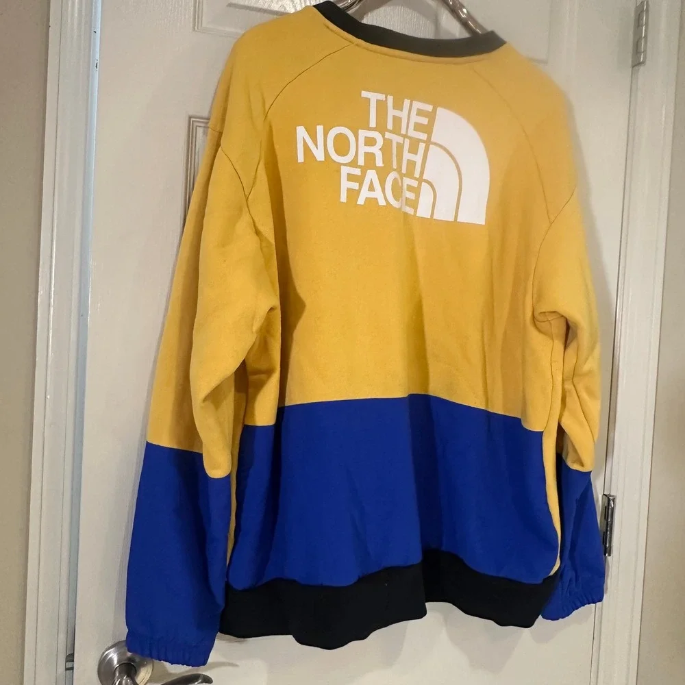 The North Face Mens Large Colorblock Crewneck Sweatshirt Yellow Blue Fleece Logo